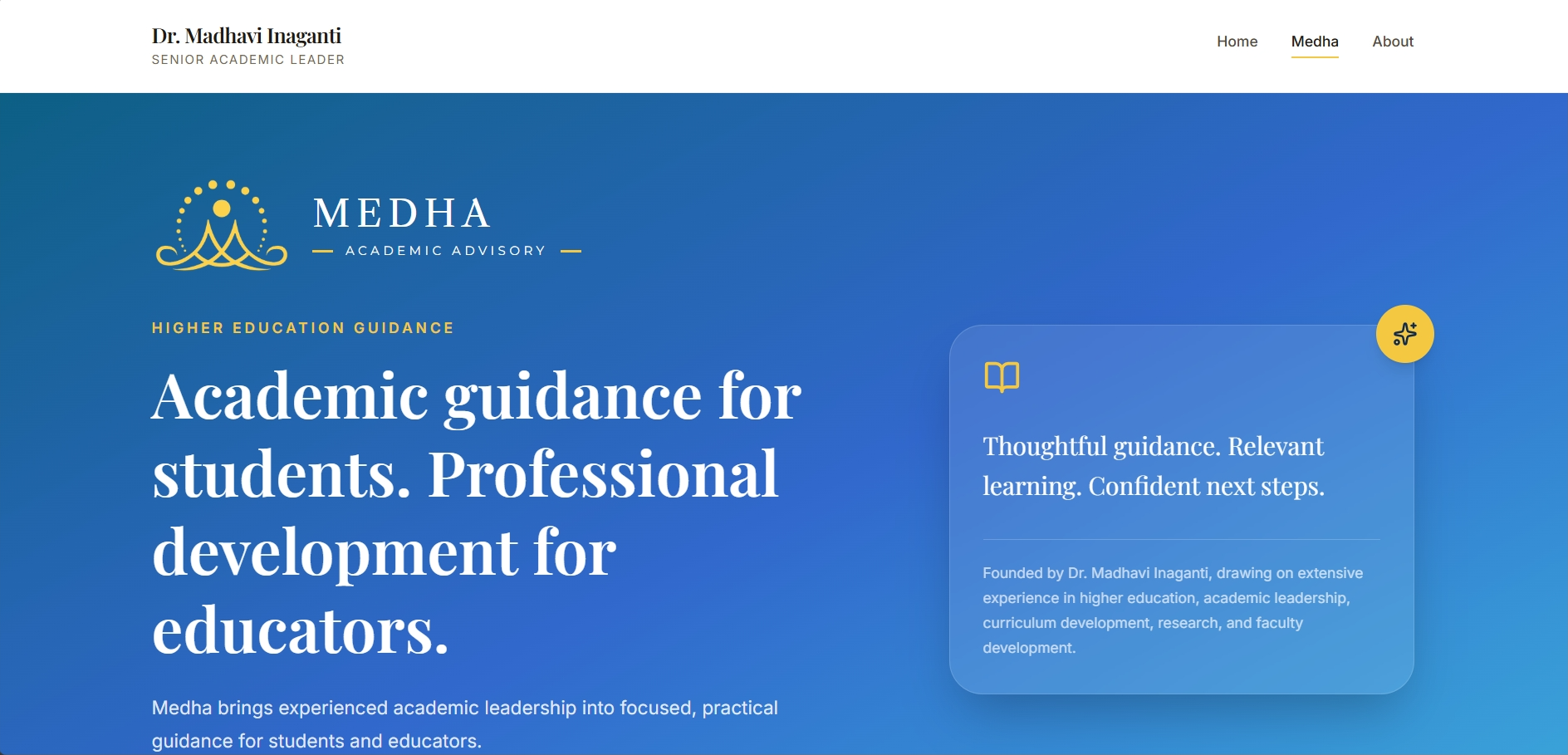 The Medha advisory page, with a clear introduction to its services.